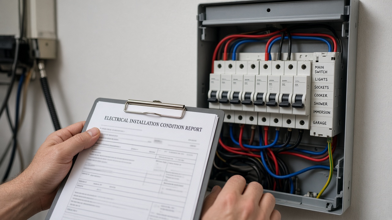 Open UK consumer unit beside inspection notes on a clipboard