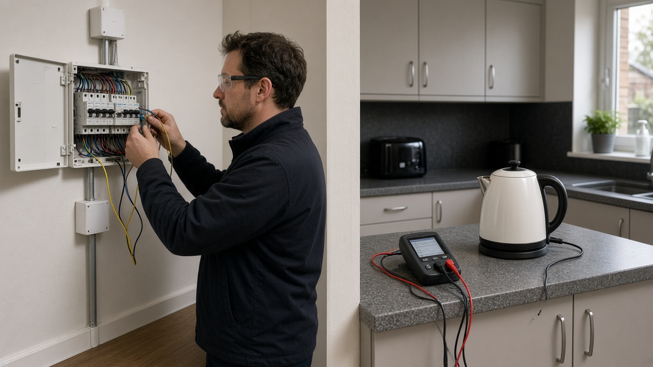 Electrician at a consumer unit and PAT testing a kettle in the same kitchen