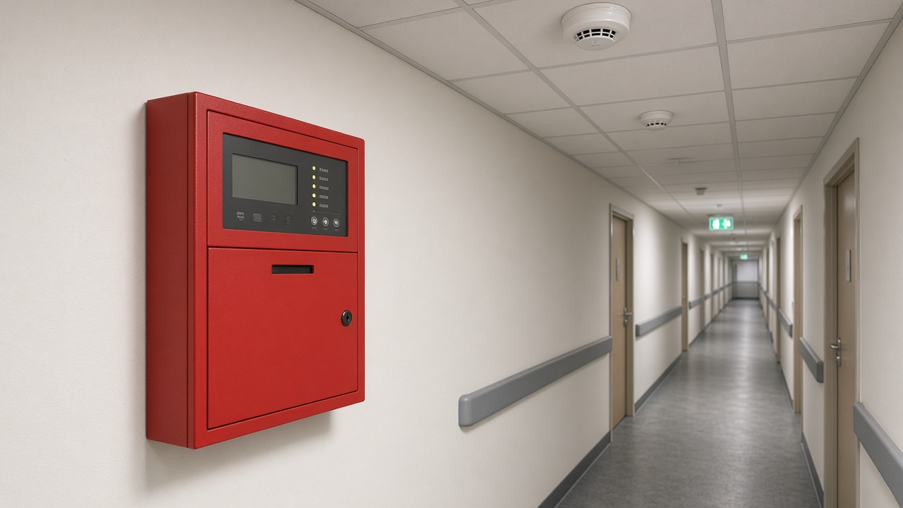 Fire alarm control panel and ceiling detectors in a UK corridor