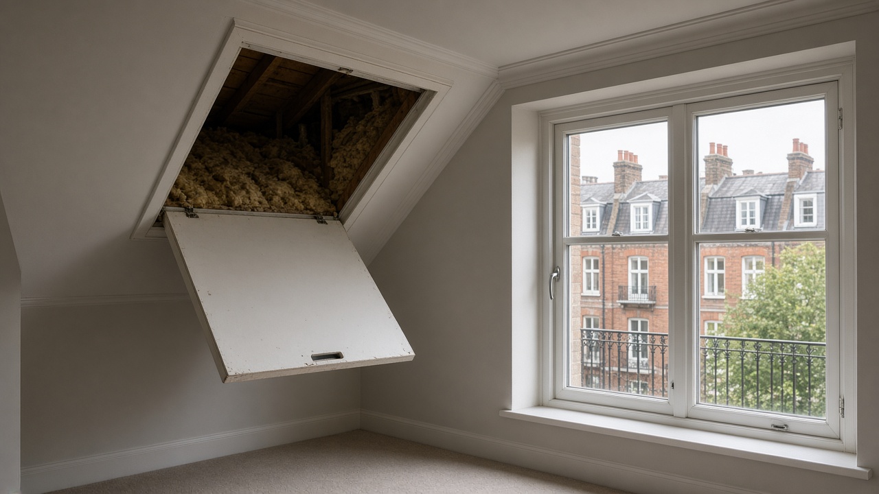 Loft hatch and double-glazed window during a home energy survey