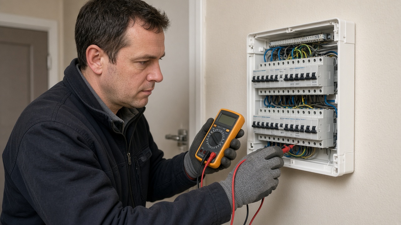 Electrician testing an open consumer unit in a UK rental property